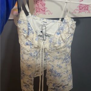 Garage Floral Lace Chemise in White and Blue